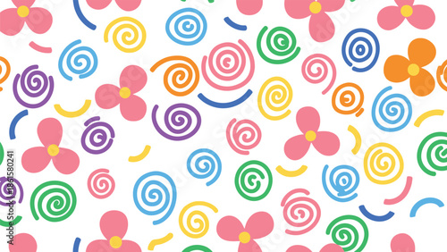 colorful playful pattern featuring flowers, spirals, and shapes in pastel hues on a white background, creating a lively and whimsical visual effect perfect for various design applications