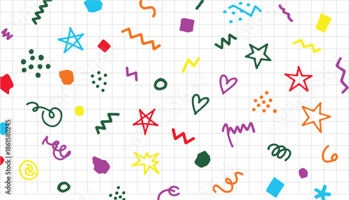 Colorful doodles and shapes on graph paper creating a playful and whimsical background for various creative projects and designs
