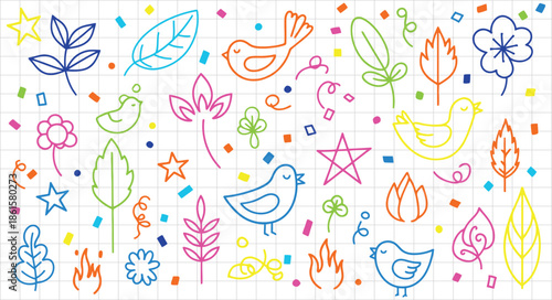 colorful illustration featuring stylized birds flowers leaves and stars in bright hues on a grid background creating a playful and whimsical visual effect perfect for kids or creative projects.
