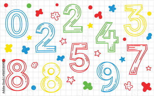 Vibrant collection of hand drawn colorful outline numbers zero through nine scattered playfully across a white grid background perfect for educational materials.