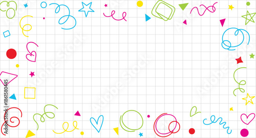 Colorful doodle confetti and streamers frame design scattered across a white background featuring a grid pattern ideal for creative festive invitations or joyful announcements