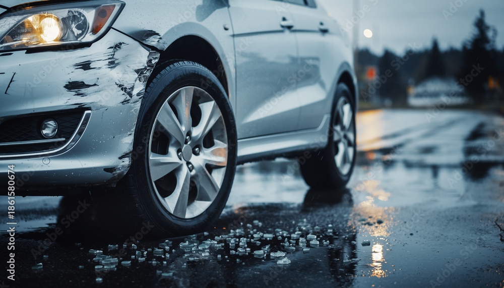 Fototapeta premium Car Accident Damage on Wet Road After Traffic Collision