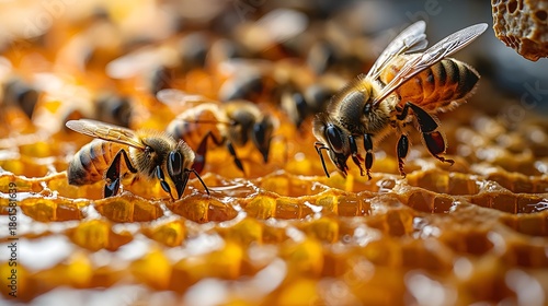 Honeybees working on honeycomb, close-up.