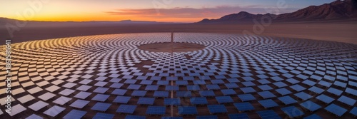Futuristic solar power plant at sunrise with circular mirror panels in desert landscape renewable energy and sustainable technology