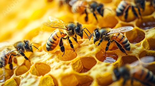 Honeybees working on honeycomb, close-up. (1)