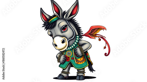 Vibrant Cartoon Donkey Character Wearing Traditional Folk Costume with Decorative Embellishments