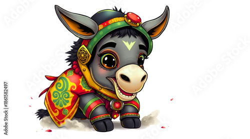 Adorable Cartoon Baby Donkey in Colorful Traditional Attire Smiling on White Background