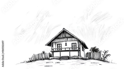 Stylized White Cottage House on Hill with Abstract Sky Drawing