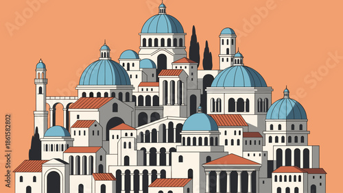 Majestic Hilltop City Illustration with White Buildings, Blue Domes, and Arched Structures on an Orange Background