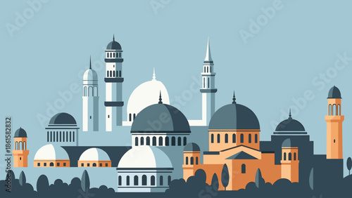 Flat Design Cityscape with Domes and Minarets: Stylized Illustration of an Ancient Middle Eastern Urban Skyline, Architectural Panorama Vector