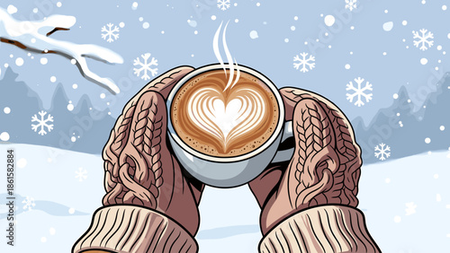 Cozy Winter Coffee Mug with Heart Latte Art, Held by Hands in Knitted Mittens Amidst Falling Snow and Frosty Trees. Warm Beverage in Cold Weather I...
