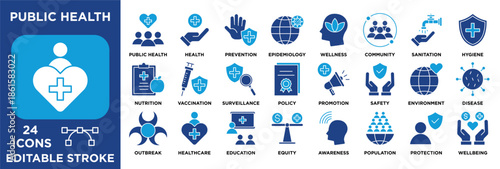 Public health icon set with prevention, vaccination, hygiene, epidemiology, community care, safety, and wellness concepts. solid vector illustration