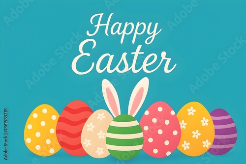 Happy Easter Greeting — Colorful Easter Eggs & Bunny Ears on Teal