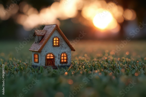 Miniature House Model on Lush Green Grass at Golden Hour Sunset Casting Warm Light Through the Windows and Creating Dreamy Bokeh Background