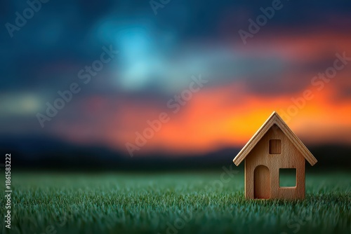 Miniature Wooden House on Green Grass with Dramatic Sky at Dusk
