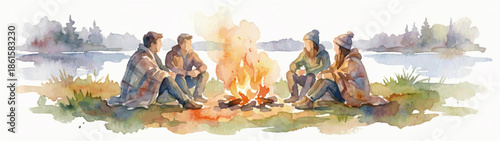 Watercolor Panorama of Friends Gathering Around Campfire by the Lake