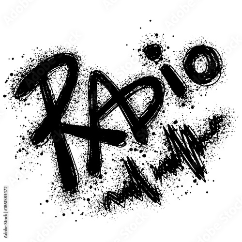 The word "radio" is sprayed in black ink on a white background. Grunge-style black lines on a white background. Hand-painted design elements.