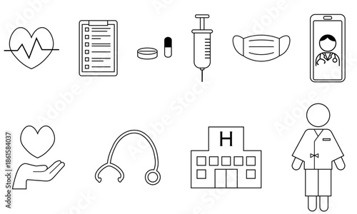 医療とヘルスケアに関する白黒ピクトグラムアイコンセット