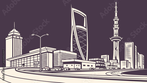 Riyadh skyline in monochromatic minimalist illustration capturing stylized cityscape view, ideal for editorial articles, design projects, and presentations.
