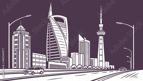 Riyadh skyline with lampposts and cars, replacing original shanghai cityscape. Suitable for travel advertisements, brochures, or city guides.