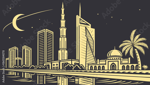 Riyadh and dubai skylines at night. Perfect for travel blogs, city guides, and architecturerelated designs needing striking night cityscape images.