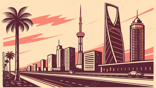 Riyadh skyline contrasts with shanghais pearl tower, framed by palm trees, creating a modern desert metropolis vibe. Suitable for travel blogs and cityscape websites.