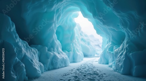 Footprints leading through a massive blue glacial ice cave