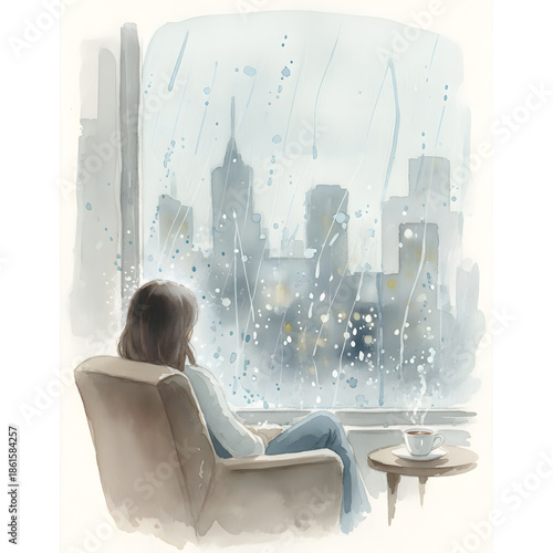 Woman sitting in an armchair watching rain fall over a city