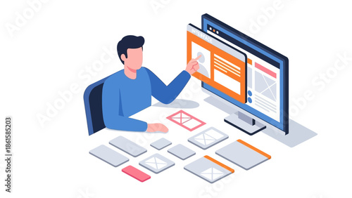 Isometric designer creating user interface with digital tools and wireframes