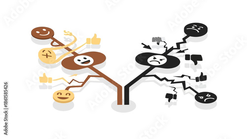 Emotion tree diagram: positive and negative smiley faces in flat design