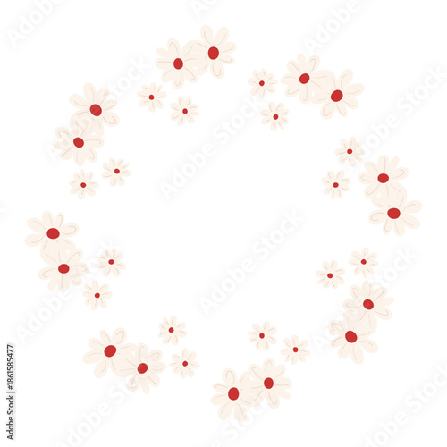 Vector round frame made of beige daisies with red centers, with space for text, on white background, perfect for spring cards, wedding invitations, posters, packaging, floral designs and decorations