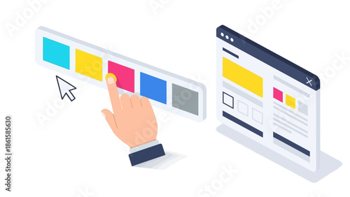 Isometric web design interface with colorful ui elements and interactive navigation