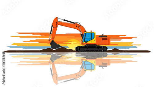Sunrise scene with reflective excavator in flat style