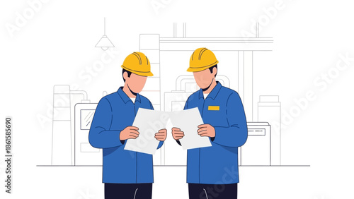Engineers reviewing blueprints in modern factory setting
