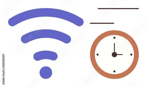 wireless signal waves next to a clock symbolizing internet connection, speed, and time management. Ideal for technology, communication, productivity, connectivity, efficiency, scheduling simple flat