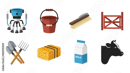 Farm equipment and animal icons: tools, milk, cow, and barn elements