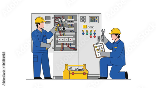 Electricians working on control panel in a flat design style