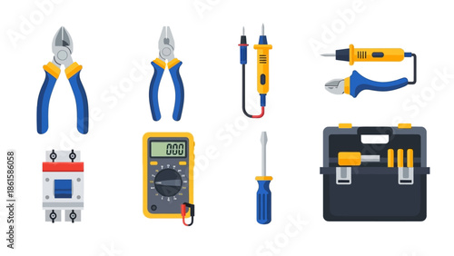 Comprehensive tool set with pliers, screwdrivers, and inspection equipment for electrical work