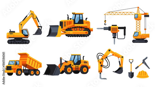 Collection of construction machinery equipment in flat design style