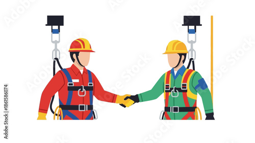 Construction workers shaking hands in safety gear