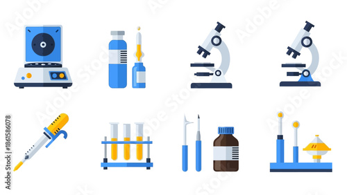 Flat style laboratory equipment set featuring microscopes and test tubes for scientific research and experimentation