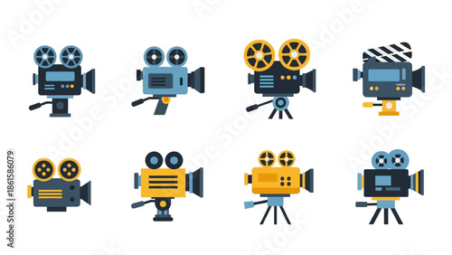Retro movie cameras: flat design set of vintage film equipment