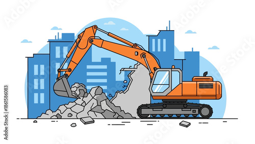 Construction machine demolishing urban buildings in linear style