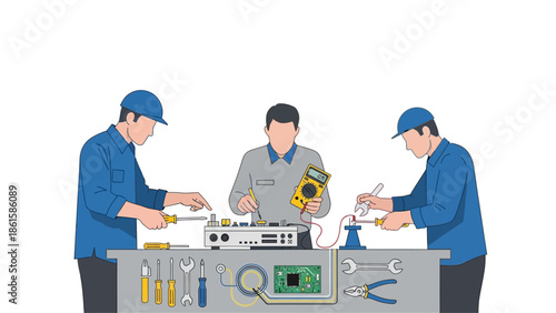Team of technicians repairing electronic devices with tools in a workshop setting