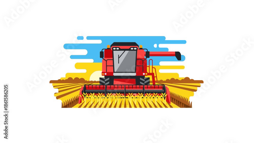 Modern harvester machine in flat design harvesting wheat crop at sunset