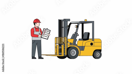 Worker inspecting forklift with checklist in flat cartoon style