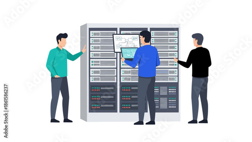Team of technicians analyzing data in modern server room in flat design