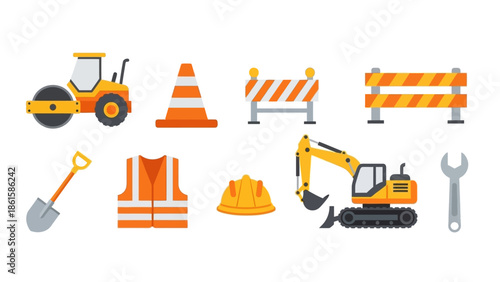 Construction equipment and safety icons in flat design for roadwork and site management