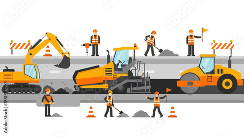 Road construction process featuring heavy machinery in flat design