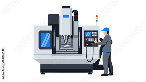 Modern cnc machine with operator in flat design for industrial and manufacturing concepts